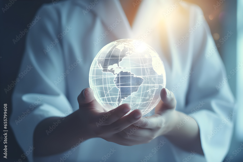 Close up hands holding abstract global network hologram in palm, metaverse technology network digital communication Global business concept Close up hands holding abstract global network hologram in palm, metaverse technology network digital communication Global business concept