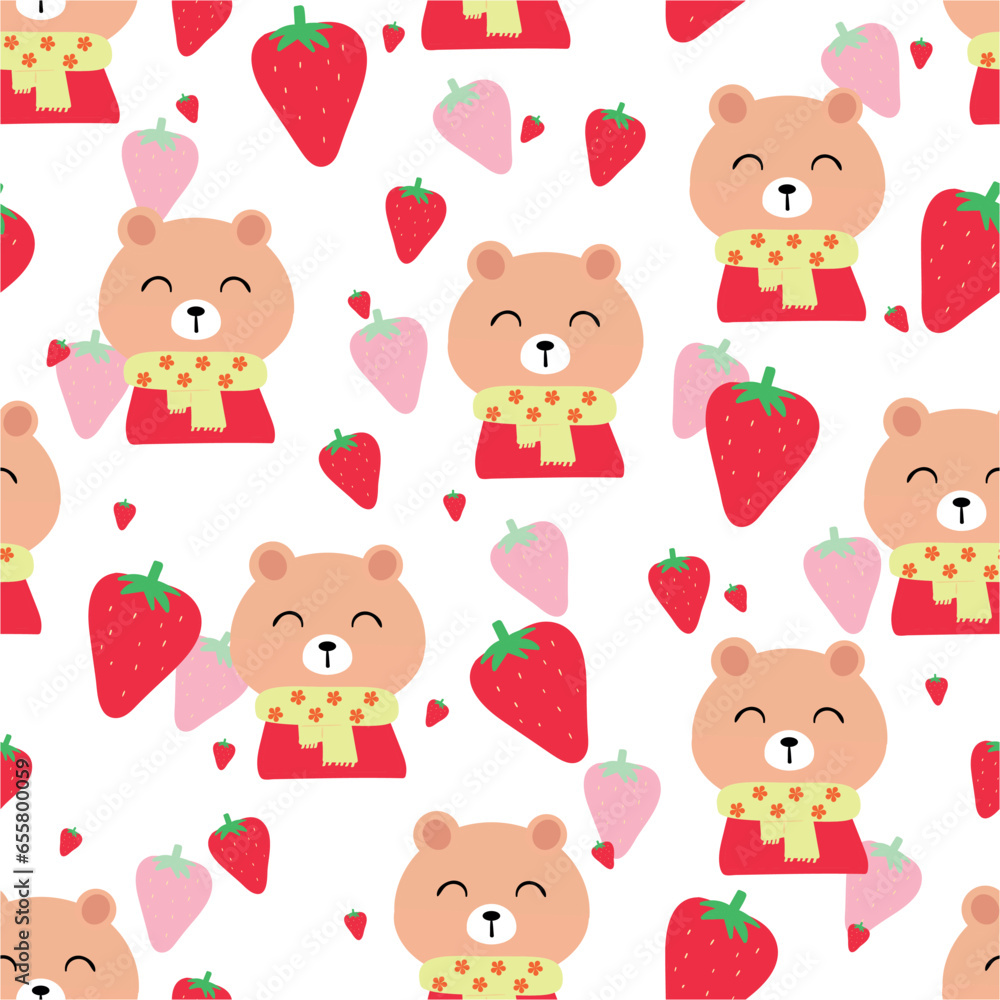 Cute bear wearing a scarf and strawberries seamless pattern for fabric prints, textiles, gift wrapping paper. colorful vector for children, flat style Cute bear wearing a scarf and strawberries seamless pattern for fabric prints, textiles, gift wrapping paper. colorful vector for children, flat style
