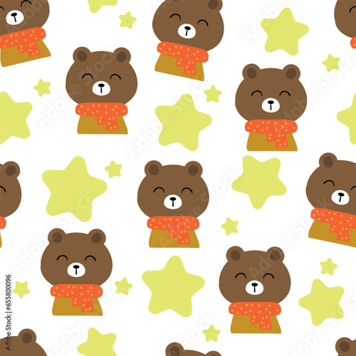 Pattern of cute bears wearing a scarf, seamless for fabric prints, textiles, gift wrapping paper. colorful vector for children, flat style