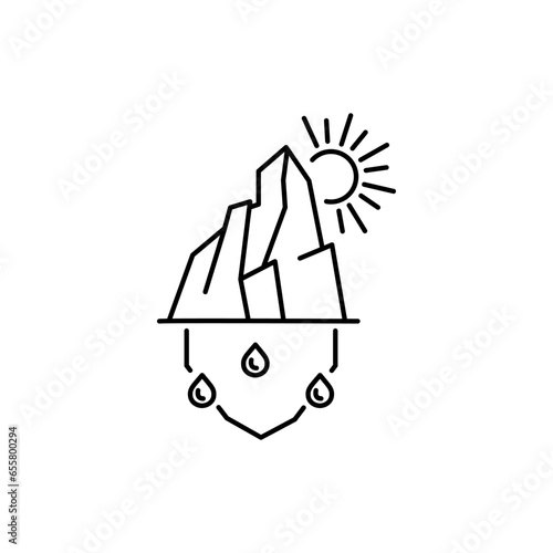 Iceberg melting icon, sun and glacier, change climate, problem global warming, thin line web symbol on white background - editable stroke vector illustration.