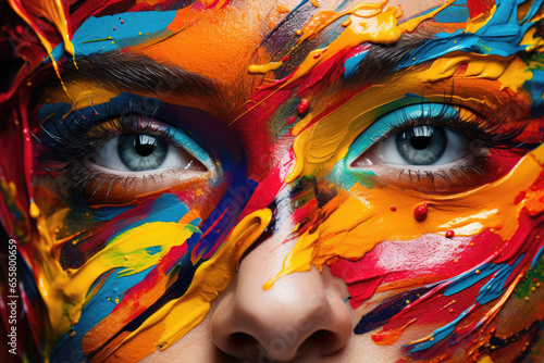 A closeup photo of a woman displaying vibrant and colorful face paint in a bright and abstract style.