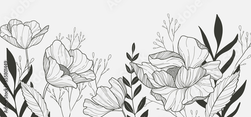 Botanical line bakground with flowers and leaves. Floral foliage for wedding invitation, wall art or card template