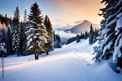 a serene winter hike with snow-covered trails and tall pine trees © Amli