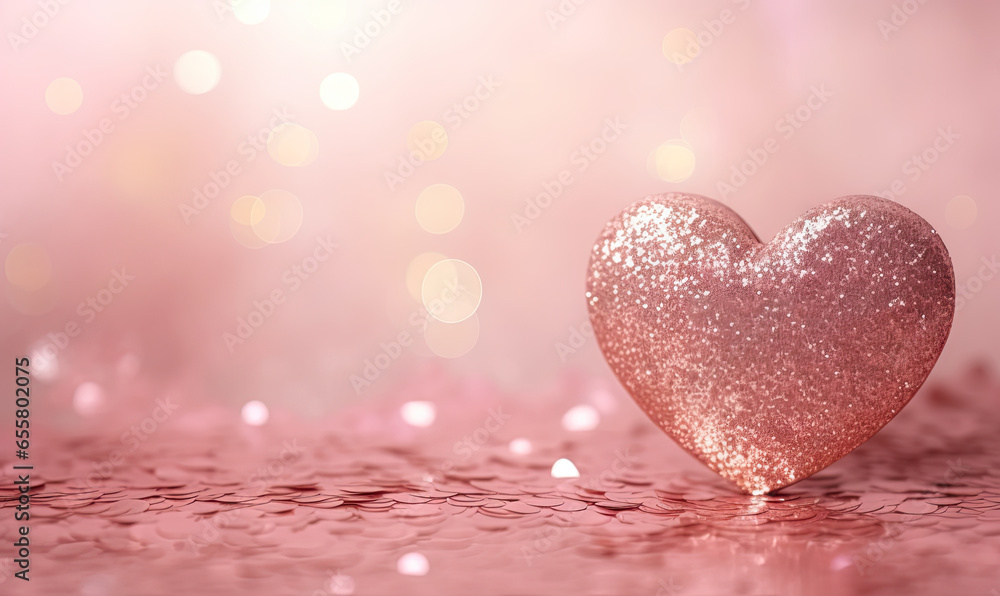Radiant pink heart floats against a romantic backdrop.
