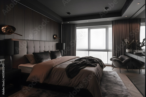 Interior of modern bedroom in hotel with dark wooden walls, concrete floor, comfortable king size bed and window with city view.