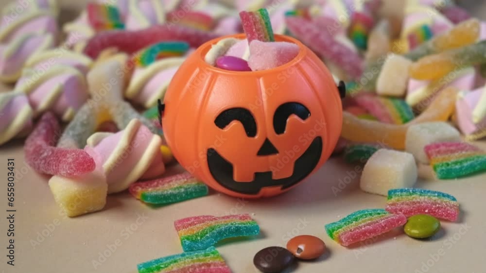 Halloween Jelly Beans Falling in a Bucket. Candy Pouring in a Spooky Orange Pumpkin. Happy Halloween Party Beige Background. Holiday Decoration. Modern Holiday Design. Thanksgiving Trendy Fall Border Halloween Jelly Beans Falling in a Bucket. Candy Pouring in a Spooky Orange Pumpkin. Happy Halloween Party Beige Background. Holiday Decoration. Modern Holiday Design. Thanksgiving Trendy Fall Border