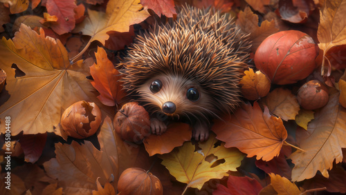 Super cute hedgehog in a pile of autumn maple leaves in the fall