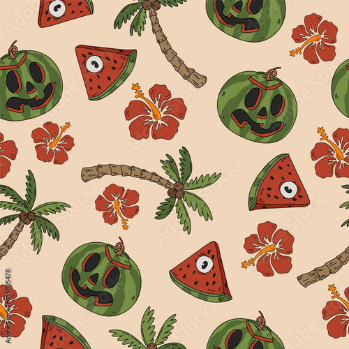 Summer vibes pumpkin watermelon and hibiscus horror Halloween seamless pattern in retro cartoon style. Spooky tropical hand drawn vector background. Creepy beach texture