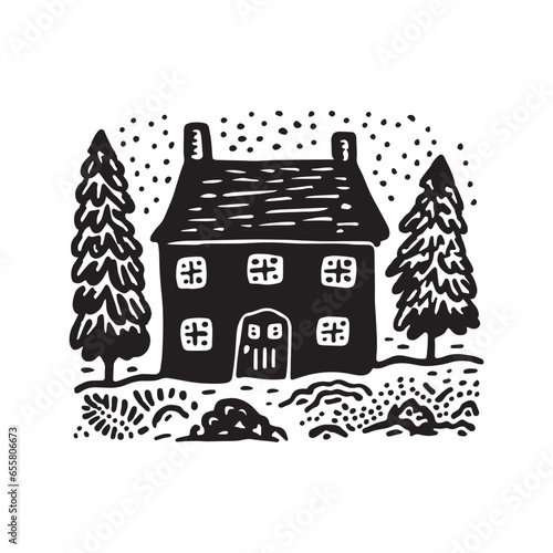 Quirky rural cabin holiday home vector illustration. Block print real estate graphic for scandi winter scene doodle, whimsy minimal stylized domestic house.