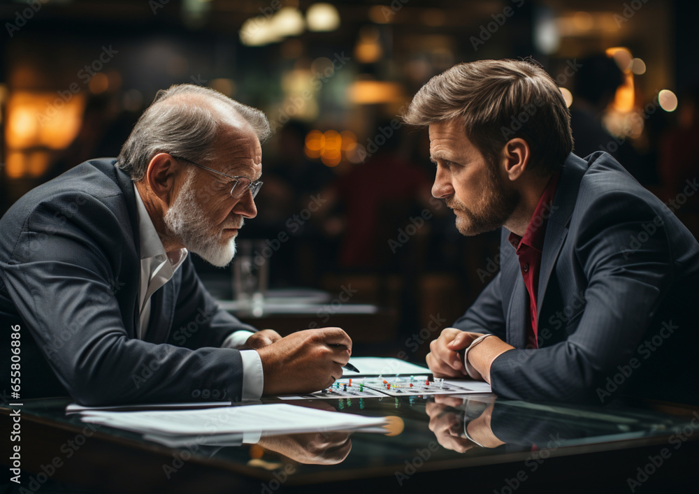 dwóch mężczyzn w garniturach rozmawiających, negocjujących przy stole. - obrazy, fototapety, plakaty 