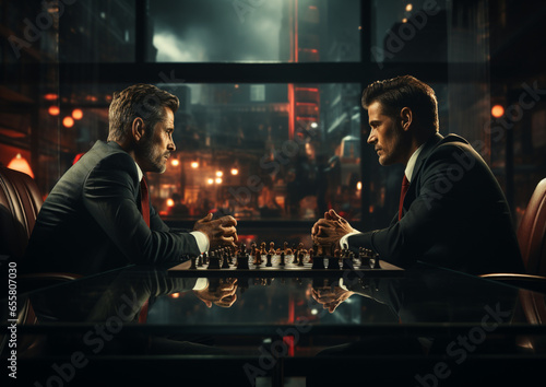 dwóch mężczyzn w garniturach rozmawiających, negocjujących przy stole.
