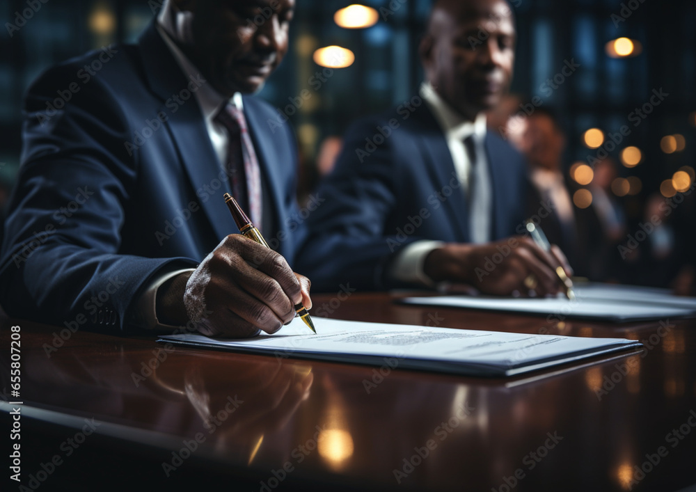 CFC2023CT, podpisywanie umowy przez ciemnoskórego mężczyznę w garniturze. CFC2023CT, podpisywanie umowy przez ciemnoskórego mężczyznę w garniturze.