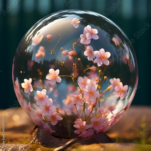 wild pink tiny flowers inside a glass bauble
