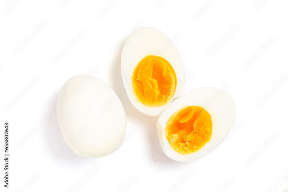Fresh hard boiled chicken eggs isolated on white, top view, Clipping path included

