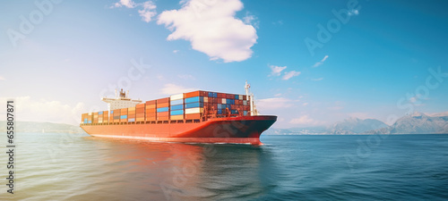 Container ship, cargo shipping business, cargo freighter Logistics import export goods of freight global, freight ship boat, Process of handling, Luggage loading container ship in the open sea