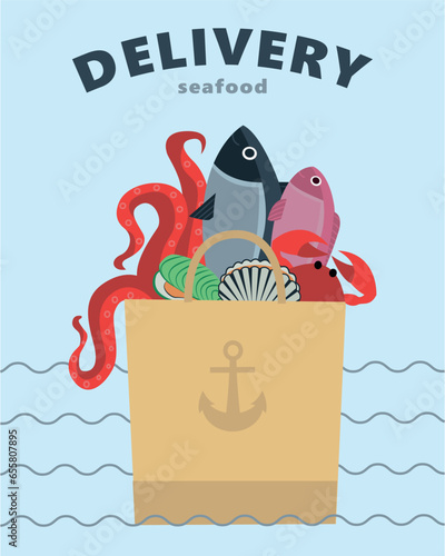 Seafood delivery. Fresh fish delivery package. Maritime business. Isolated vector flat disease