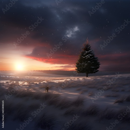 sunset in the snow - christmas scene