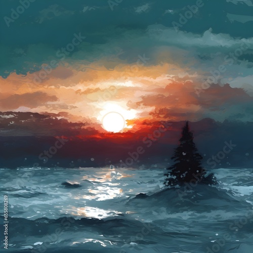lonely christmas tree during sunset in a painting style