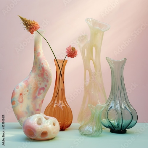 This colorful and vibrant collection of glass vases and pitchers, decorated with intricate paintings of flowers, creates a stunning art piece that brightens up any indoor wall