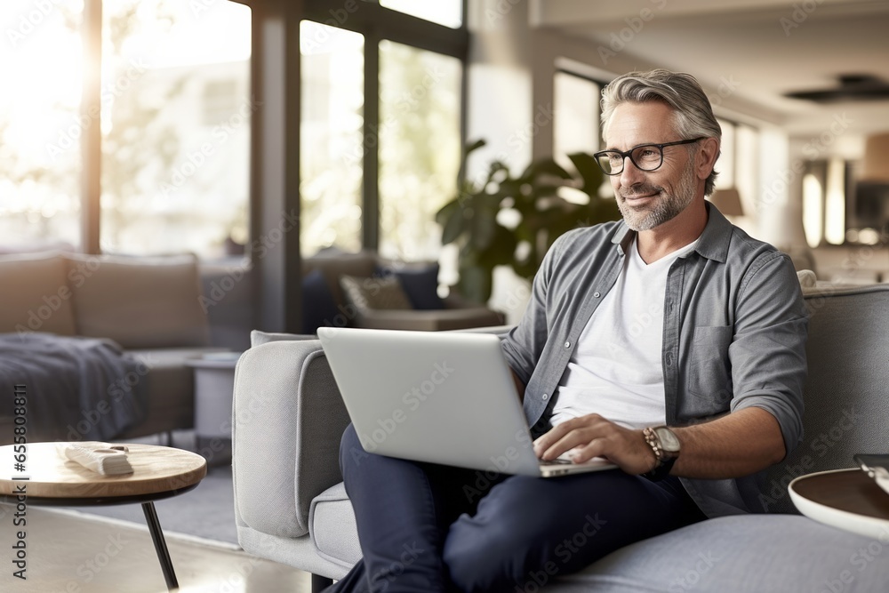 Handsome middle aged businessman is using a laptop and smiling while working at home