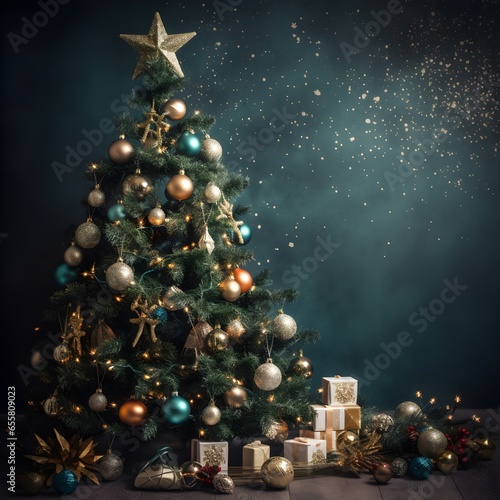 christmas tree and gifts on a dark background