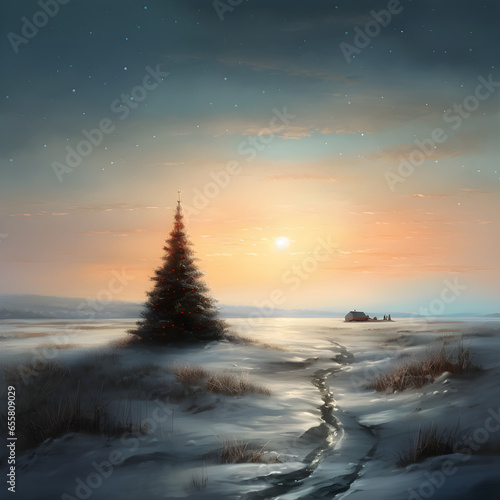 christmas tree in an empty snowy landscape