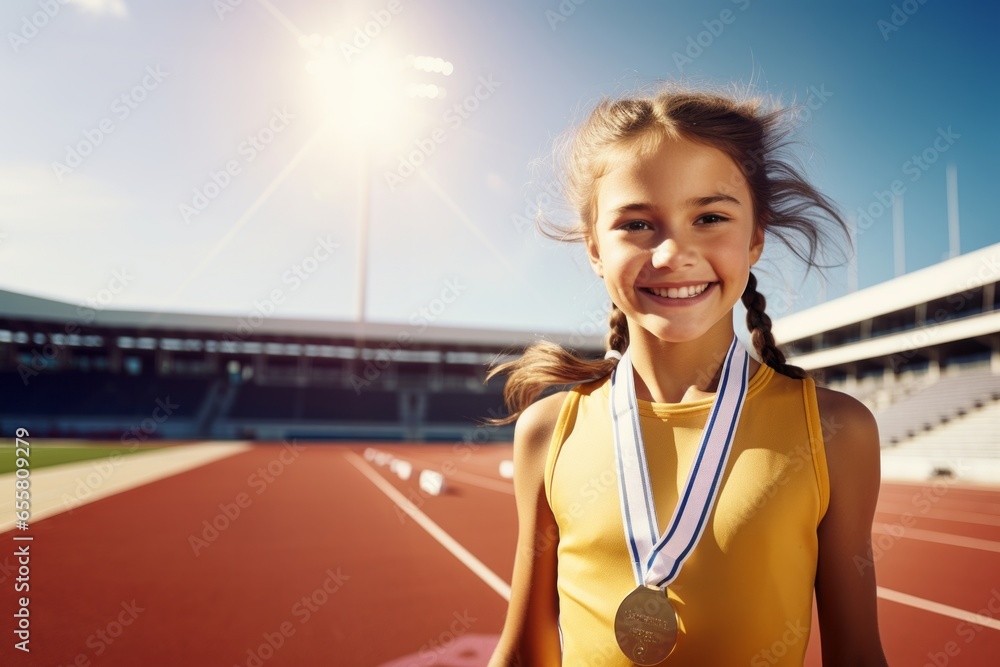 Cheerful little sports girl celebrating the win wearing a gold medal. Proud child athlete champion first place gold medal around her neck. Sports kid,success,win concept - obrazy, fototapety, plakaty 