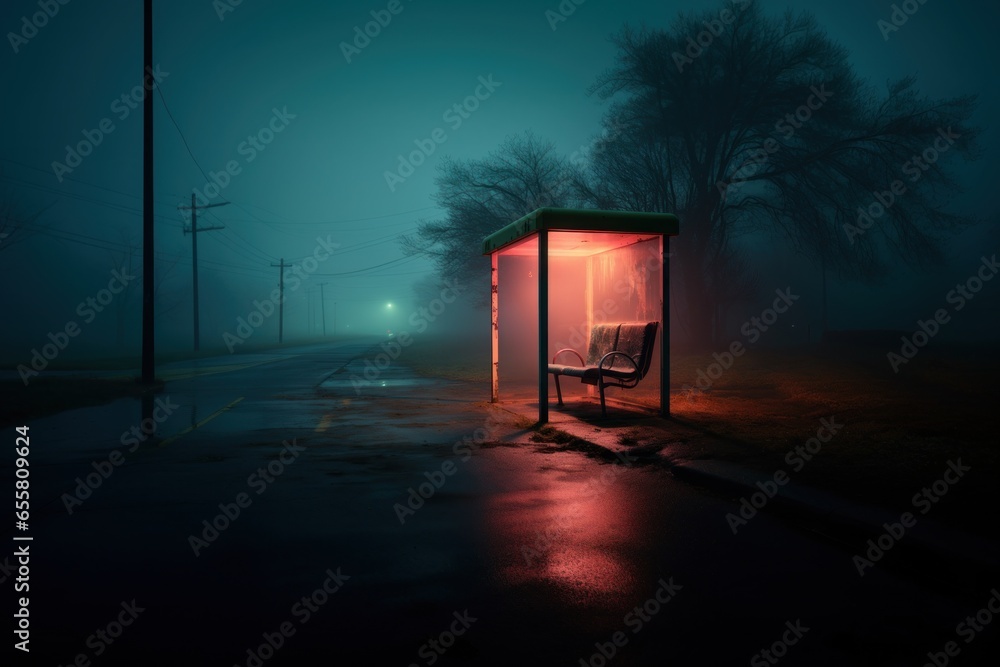 Bus stop at night with neon lights - obrazy, fototapety, plakaty 