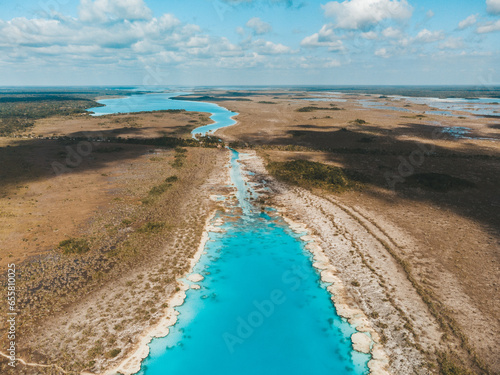 Drone shot of fresh water lagoon in Bacalar Mexico