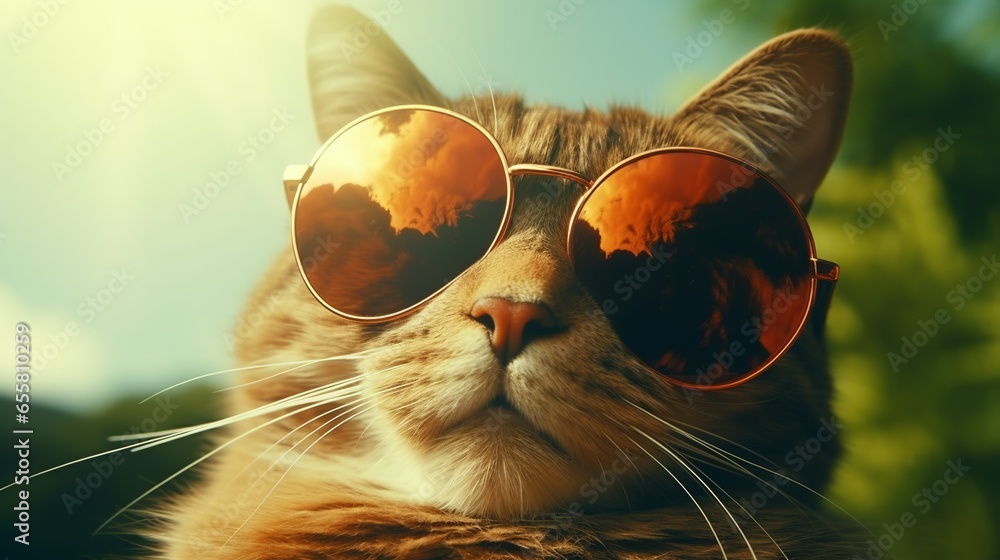 Stylish cat donning sunglasses, exuding coolness in the sun
 - obrazy, fototapety, plakaty 