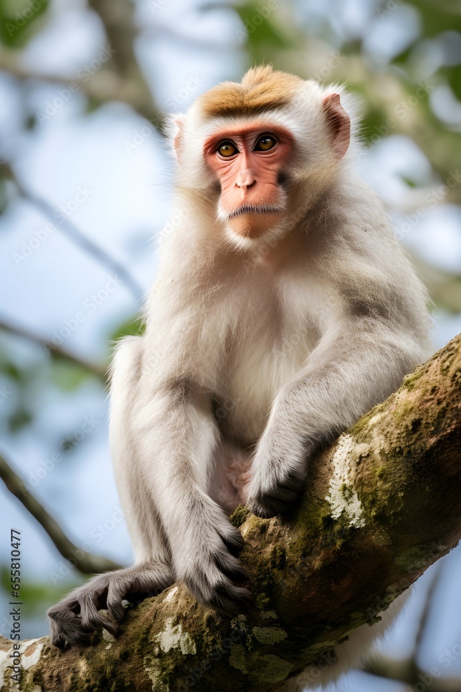 Naklejka premium animals, nature and wildlife concept - japanese macaque or snow monkey, jigokudani park, forest, tree, mountain rock