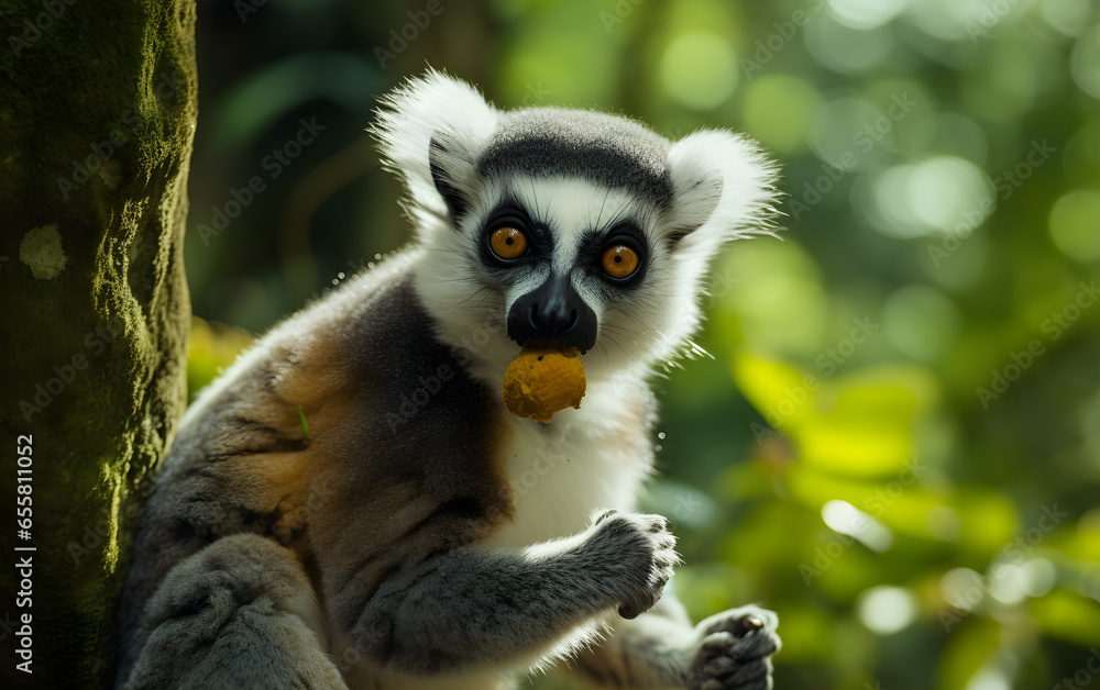 Portrait photo of ring-tailed lemur eating a fruit, primate, black and white ringed tail, island of Madagascar, beautiful wildlife, monkeys Portrait photo of ring-tailed lemur eating a fruit, primate, black and white ringed tail, island of Madagascar, beautiful wildlife, monkeys