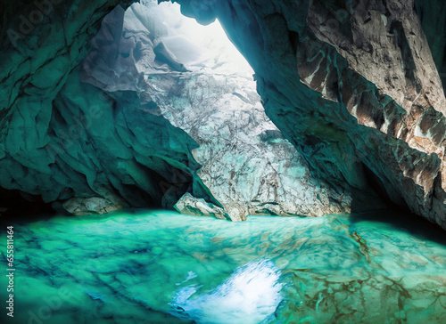 beautiful blue greenish marble cave with river
