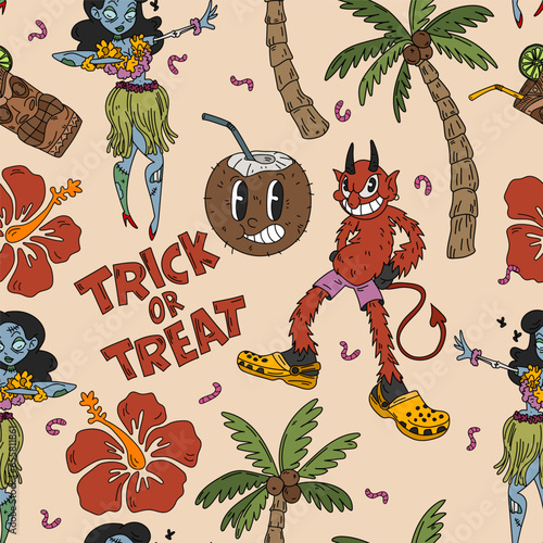 Summer vibes hawaii horror halloween seamless pattern in retro cartoon style. Spooky tropical hand drawn vector background. Creepy beach texture