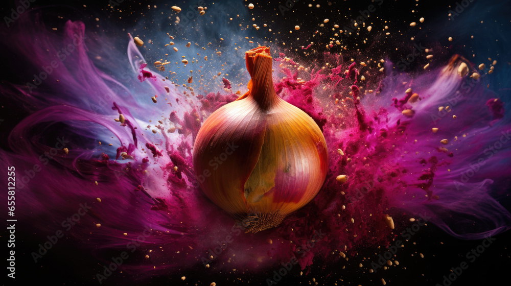 yellow onion with colorful powder paint explosion - obrazy, fototapety, plakaty 