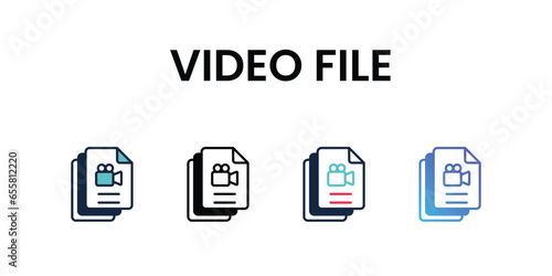 Video File icons set, color line, ouline, glyph, gradient icon stock illustration