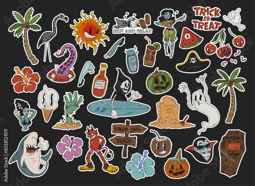 Halloween graphic retro cartoon stickers elements in tropical summer style - pumpkins, watermelons, ghosts, zombie, hawaii flowers, skull, death surf and others. Hand drawn set. Vector illustration.