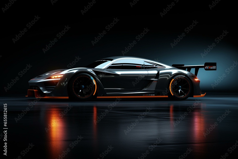 Modern race car with halo side view on dark background. Generative AI - obrazy, fototapety, plakaty 