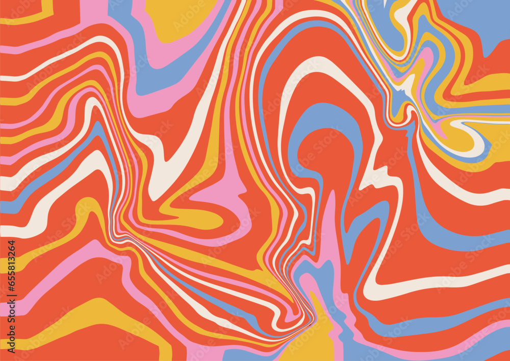 Abstract trippy background with with liquid flowing lines in vintage rainbow colors. Simple flat vector illustration.