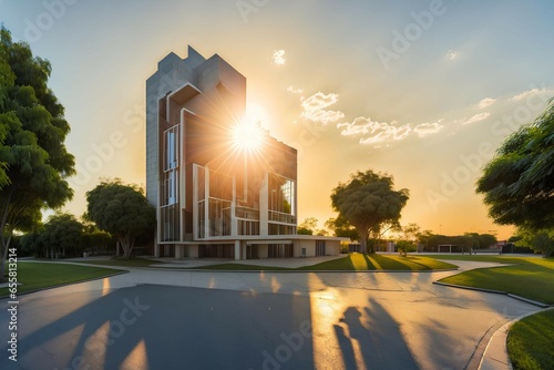 A Ourdoor building with landscape and sun or sky photo