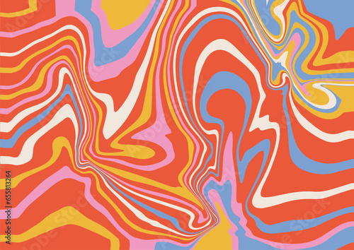 Abstract trippy background with with liquid flowing lines in vintage rainbow colors. Simple flat vector illustration.