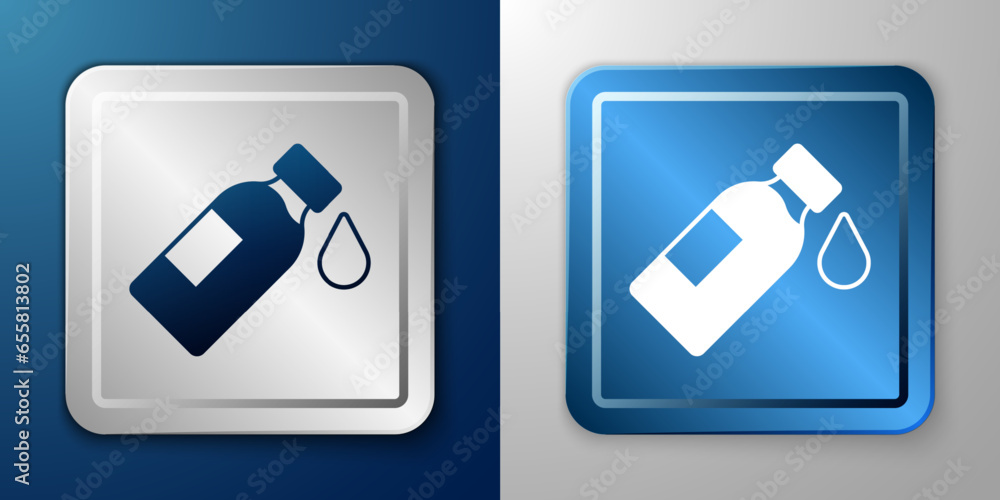 White Bottle of water icon isolated on blue and grey background. Soda aqua drink sign. Silver and blue square button. Vector White Bottle of water icon isolated on blue and grey background. Soda aqua drink sign. Silver and blue square button. Vector