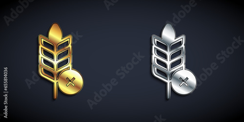 Gold and silver Gluten free grain icon isolated on black background. No wheat sign. Food intolerance symbols. Long shadow style. Vector