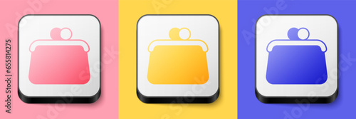 Isometric Handbag icon isolated on pink, yellow and blue background. Female handbag sign. Glamour casual baggage symbol. Square button. Vector