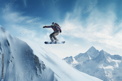 Snowborder enjyoing snowbording and jumping in background of winter mountain landscape. Lifestyle concept for sports and hobbies.