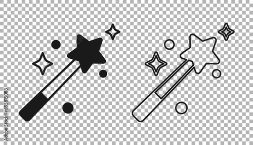 Black Magic wand icon isolated on transparent background. Star shape magic accessory. Magical power. Vector
