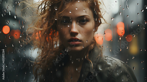 Street portrait of a beautiful young woman wearing warm clothes under the rain in a city. Generative AI.