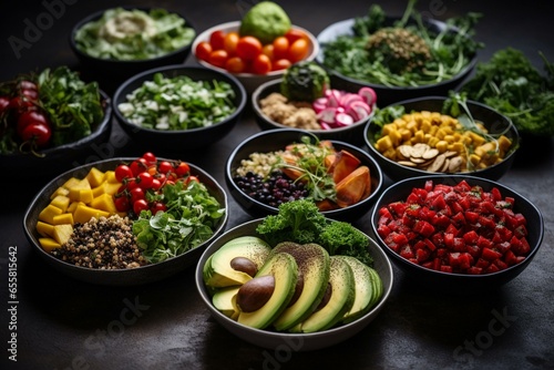 Assortment of nutrient-rich plant-based dishes with fruits, veggies, seeds, and superfoods. Ideal for cooking. Ample empty space. Generative AI