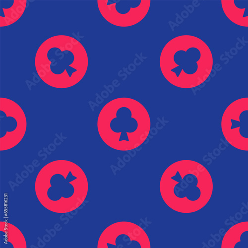 Red Playing card with clubs symbol icon isolated seamless pattern on blue background. Casino gambling. Vector