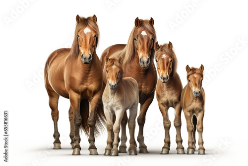 Image of family group of brown horses on white background. Wildlife Animals. Illustration  Generative AI.
